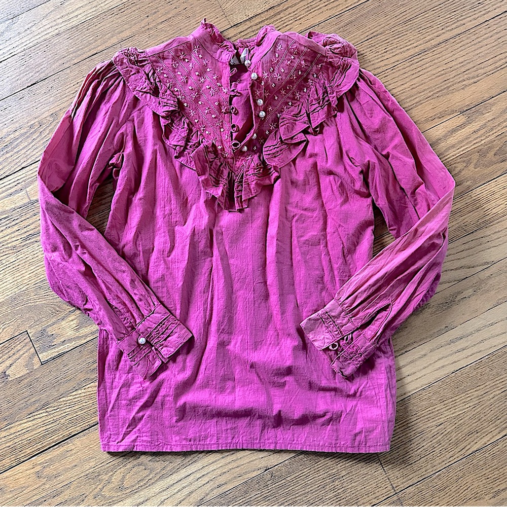 vintage 1970s big collar magenta frilly long sleeve blouse: small